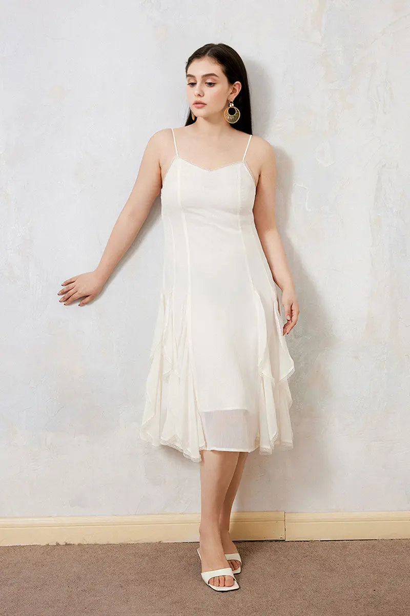 White Chiffon Spaghetti-Strap Ruffled Midi Dress with Lace Trim