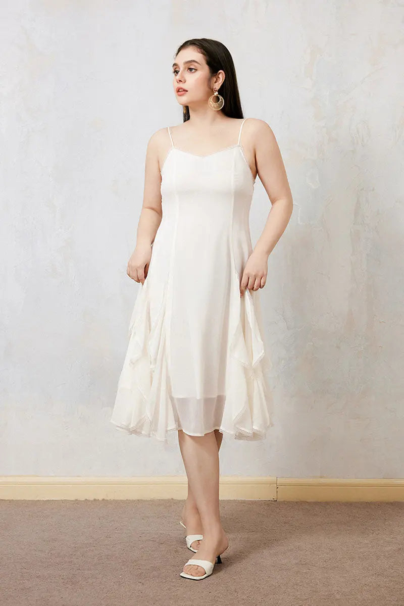 White Chiffon Spaghetti-Strap Ruffled Midi Dress with Lace Trim