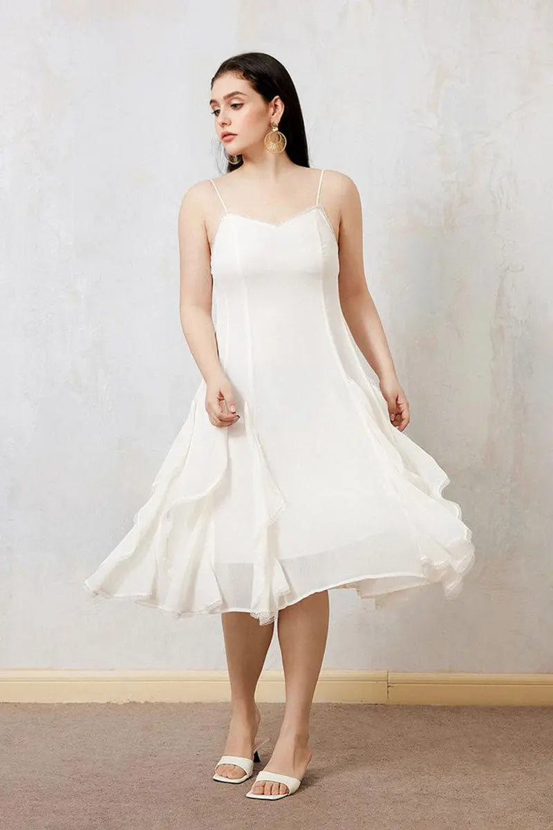 White Chiffon Spaghetti-Strap Ruffled Midi Dress with Lace Trim