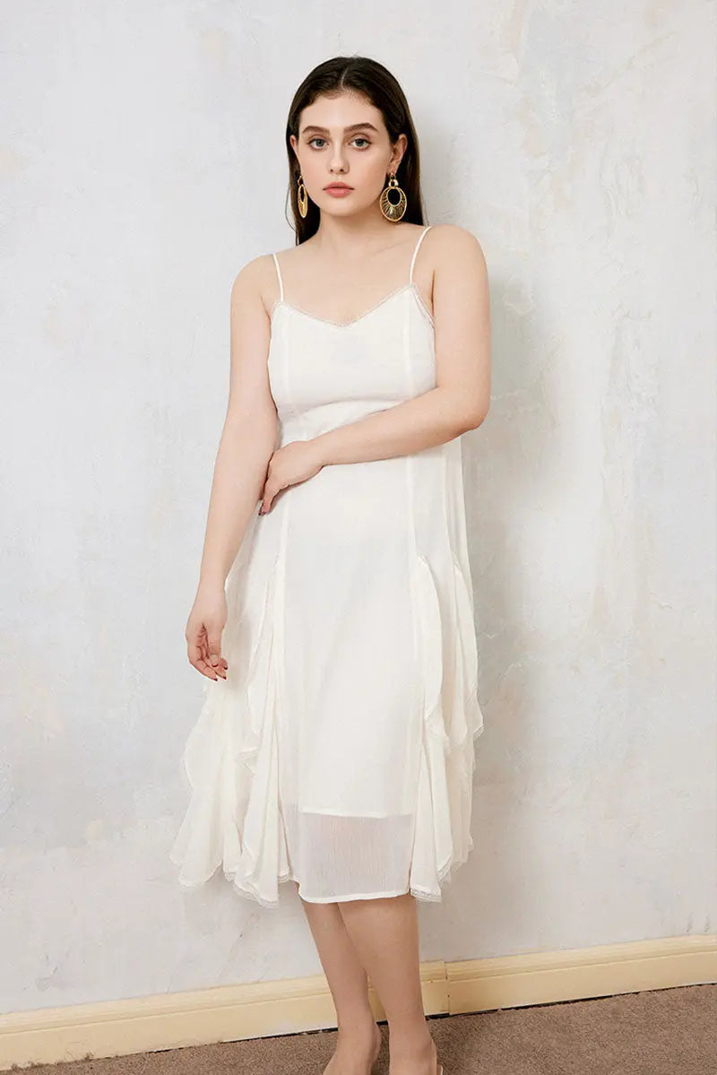 White Chiffon Spaghetti-Strap Ruffled Midi Dress with Lace Trim