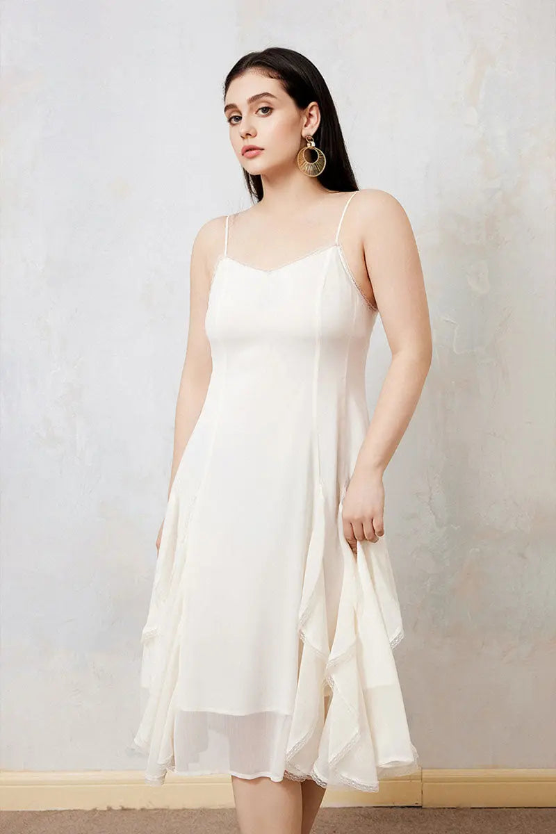 White Chiffon Spaghetti-Strap Ruffled Midi Dress with Lace Trim