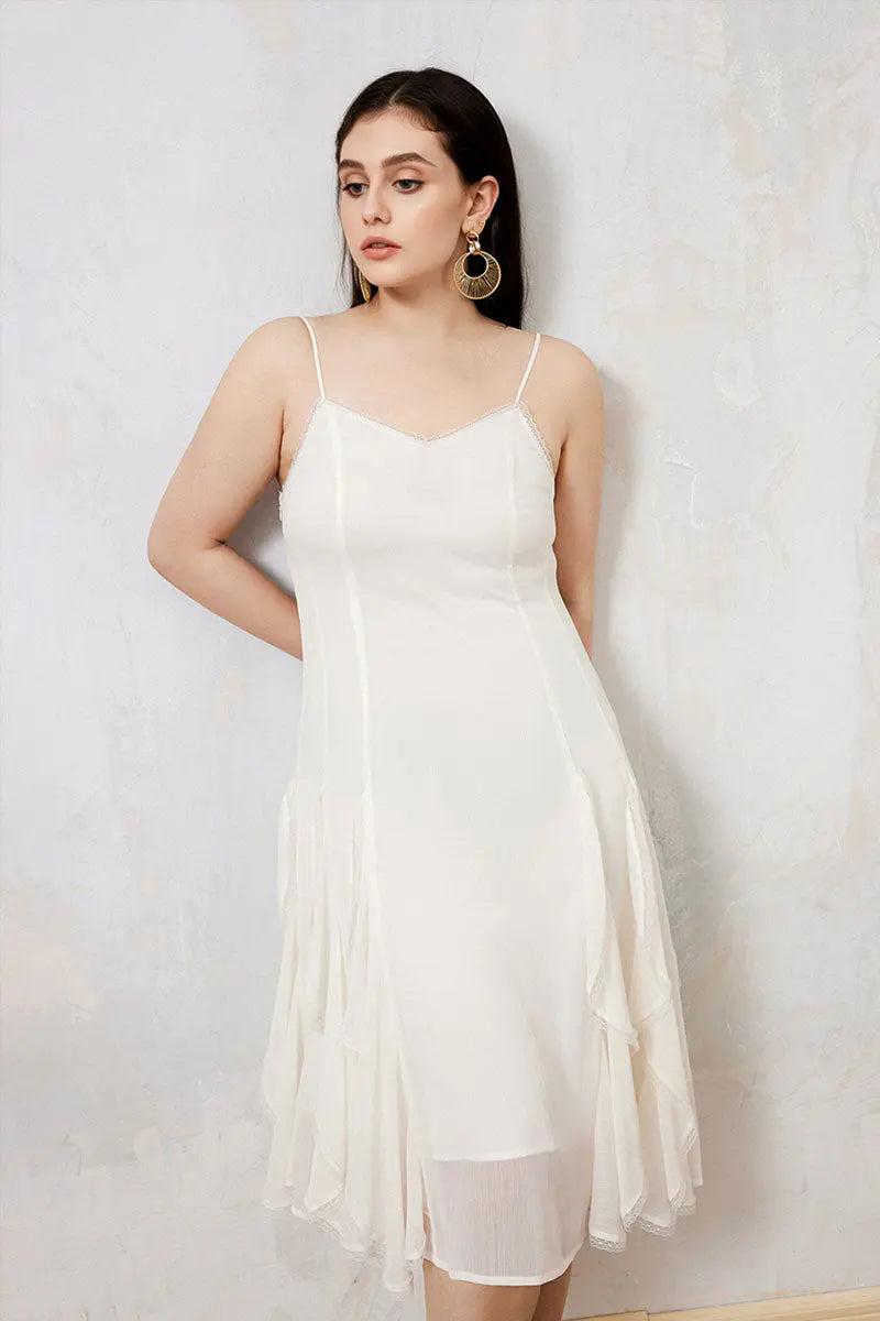 White Chiffon Spaghetti-Strap Ruffled Midi Dress with Lace Trim