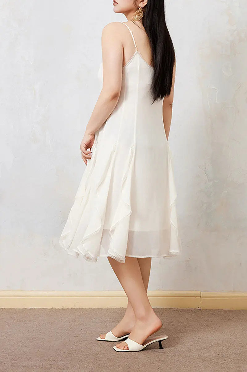 White Chiffon Spaghetti-Strap Ruffled Midi Dress with Lace Trim