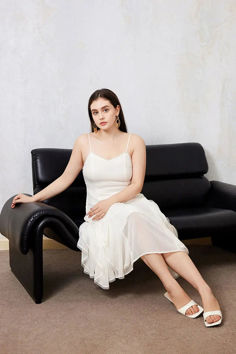 White Chiffon Spaghetti-Strap Ruffled Midi Dress with Lace Trim