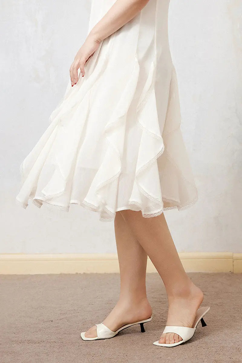 White Chiffon Spaghetti-Strap Ruffled Midi Dress with Lace Trim