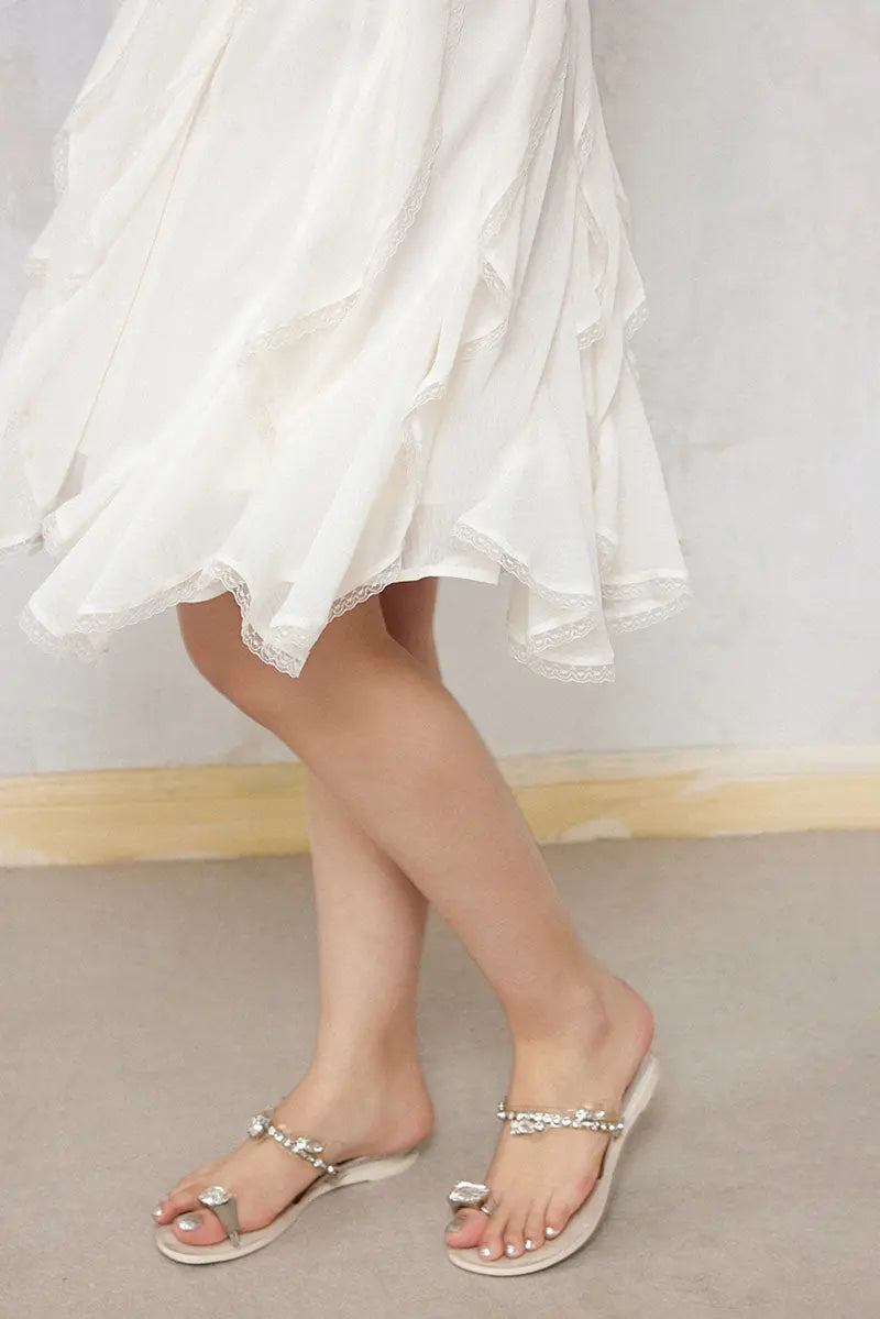 White Chiffon Spaghetti-Strap Ruffled Midi Dress with Lace Trim