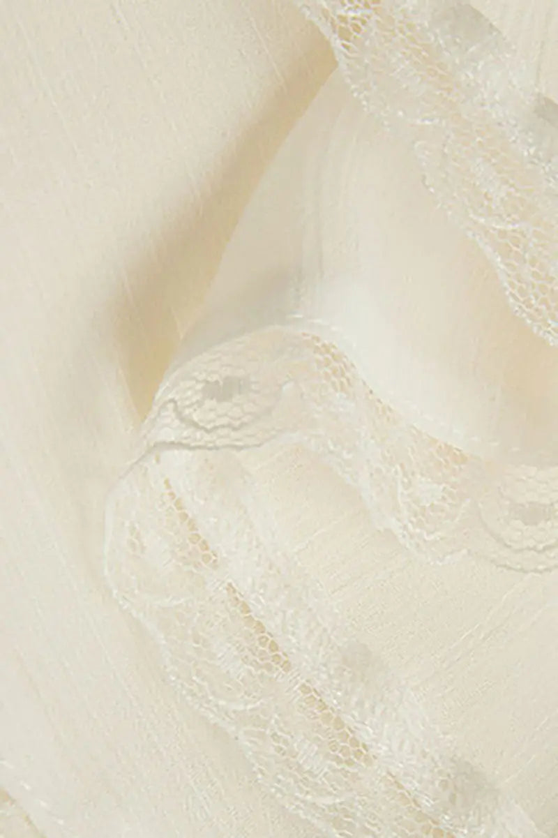 White Chiffon Spaghetti-Strap Ruffled Midi Dress with Lace Trim