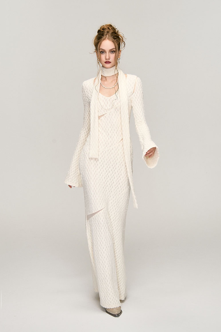 White Crochet Cut Out Long Sleeve Maxi Dress
