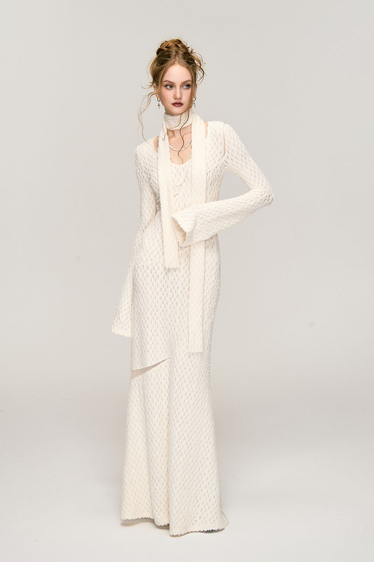 White Crochet Cut Out Long Sleeve Maxi Dress