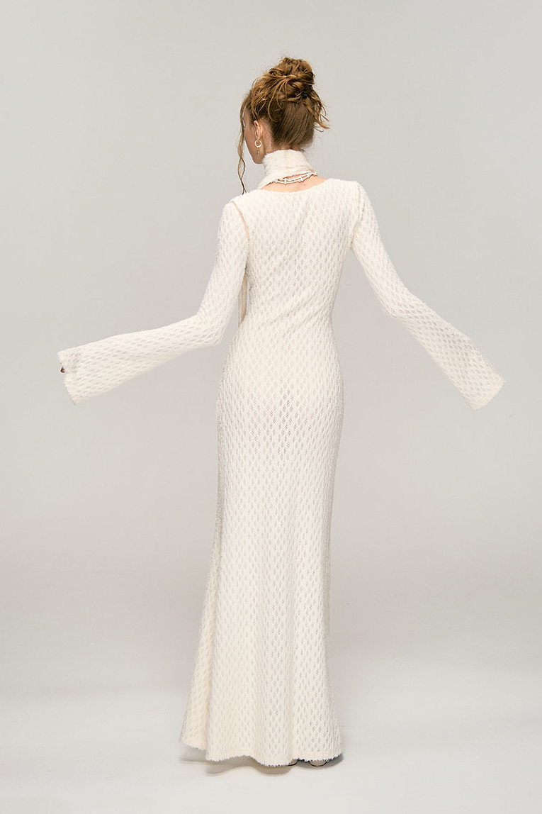 White Crochet Cut Out Long Sleeve Maxi Dress