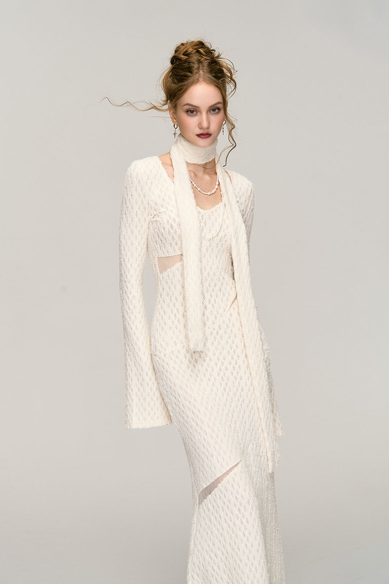 White Crochet Cut Out Long Sleeve Maxi Dress