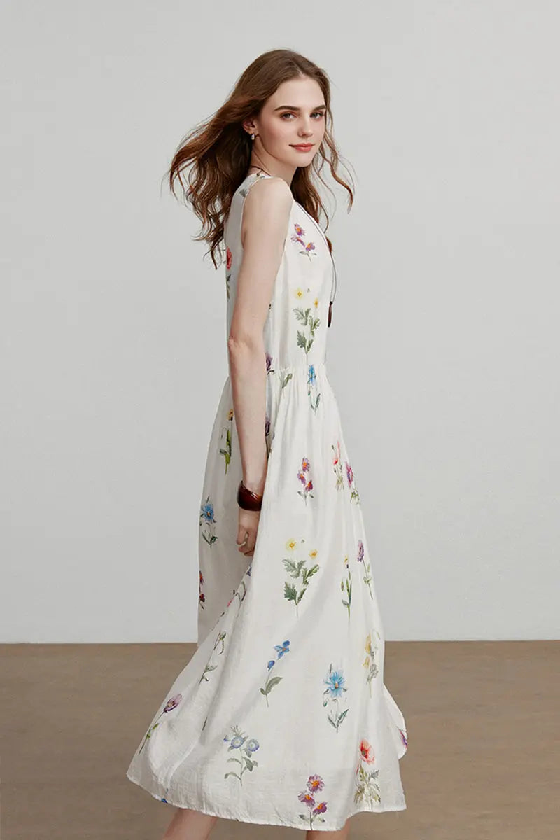 White Floral Linen Sleeveless Fit & Flare Midi Dress