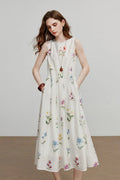 White Floral Linen Sleeveless Fit & Flare Midi Dress