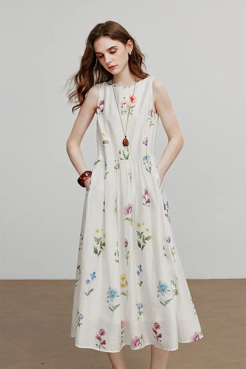 White Floral Linen Sleeveless Fit & Flare Midi Dress