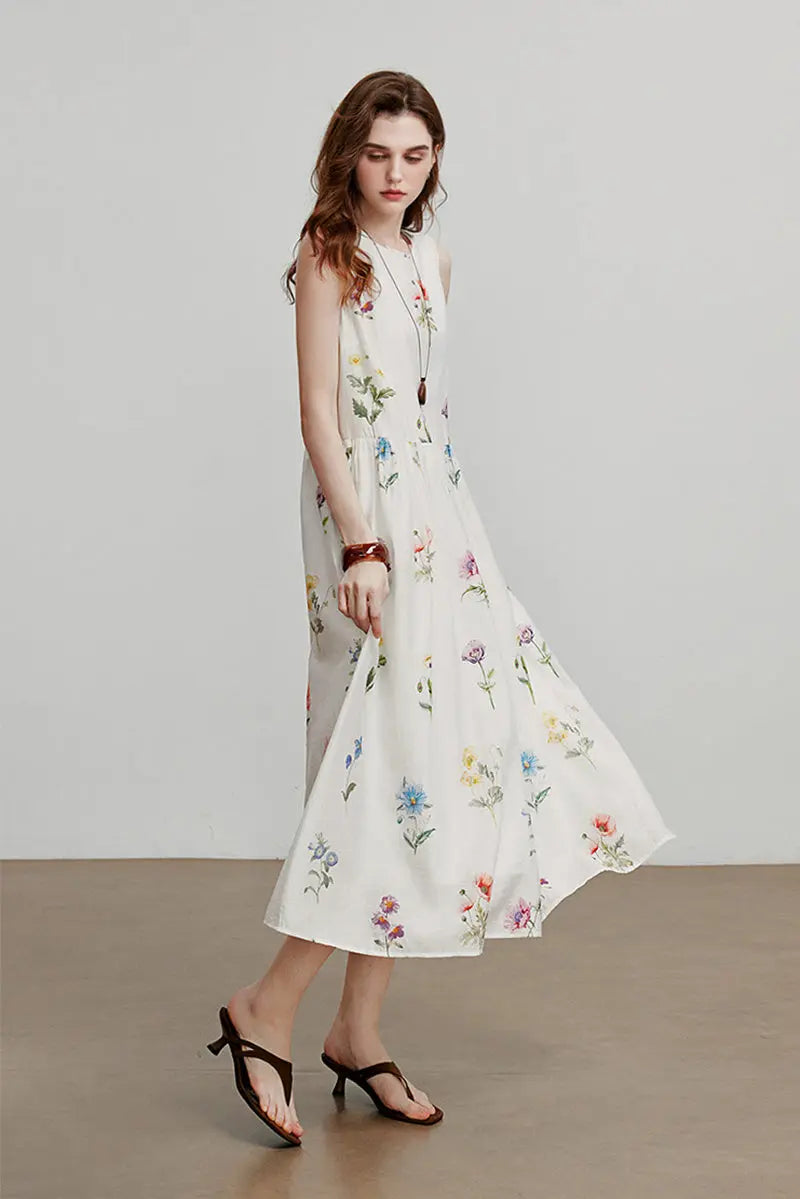 White Floral Linen Sleeveless Fit & Flare Midi Dress