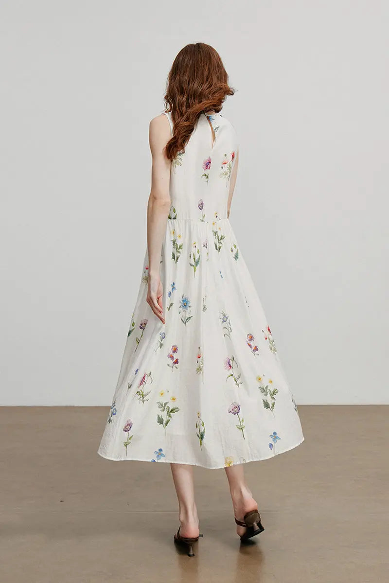 White Floral Linen Sleeveless Fit & Flare Midi Dress