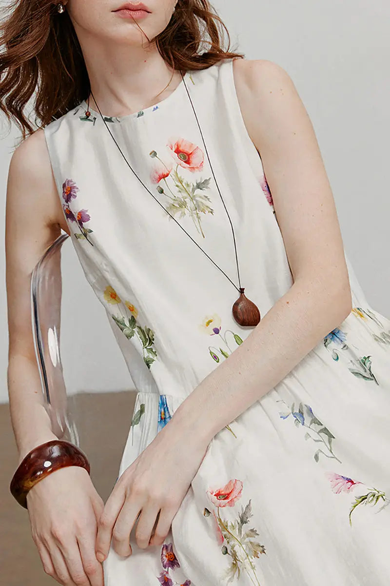 White Floral Linen Sleeveless Fit & Flare Midi Dress