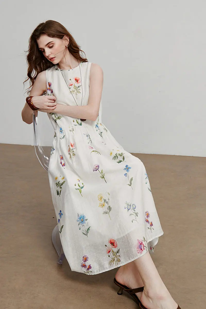 White Floral Linen Sleeveless Fit & Flare Midi Dress