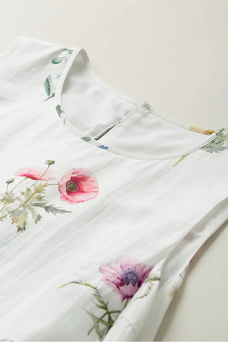 White Floral Linen Sleeveless Fit & Flare Midi Dress