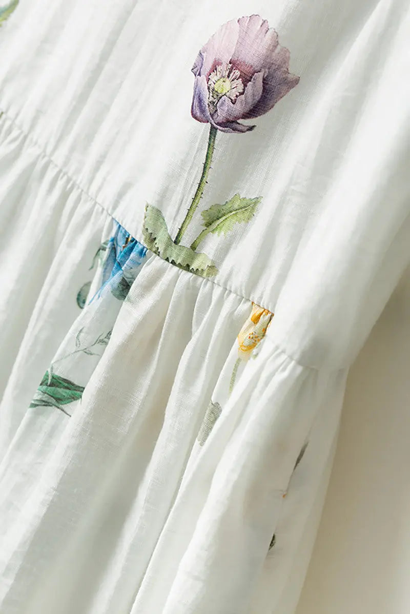 White Floral Linen Sleeveless Fit & Flare Midi Dress
