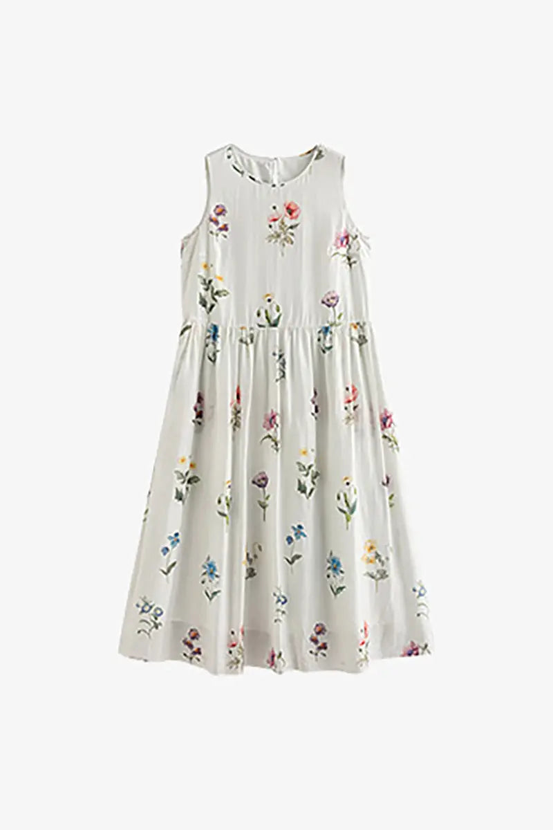 White Floral Linen Sleeveless Fit & Flare Midi Dress