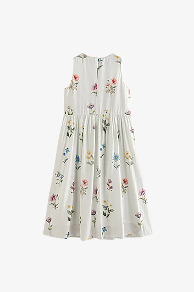 White Floral Linen Sleeveless Fit & Flare Midi Dress