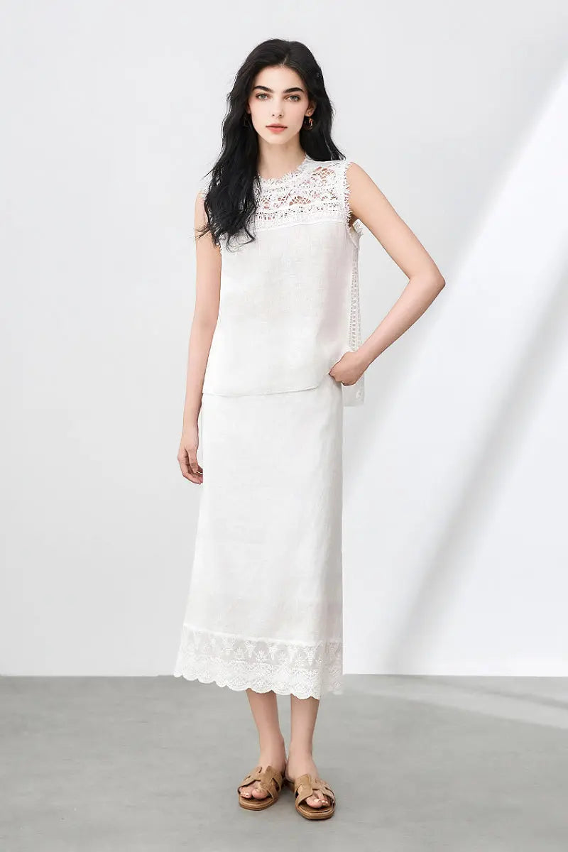 White Linen Crochet Lace Tank Top & Midi Skirt Set
