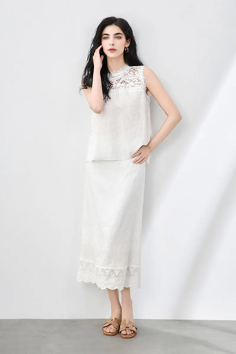White Linen Crochet Lace Tank Top & Midi Skirt Set