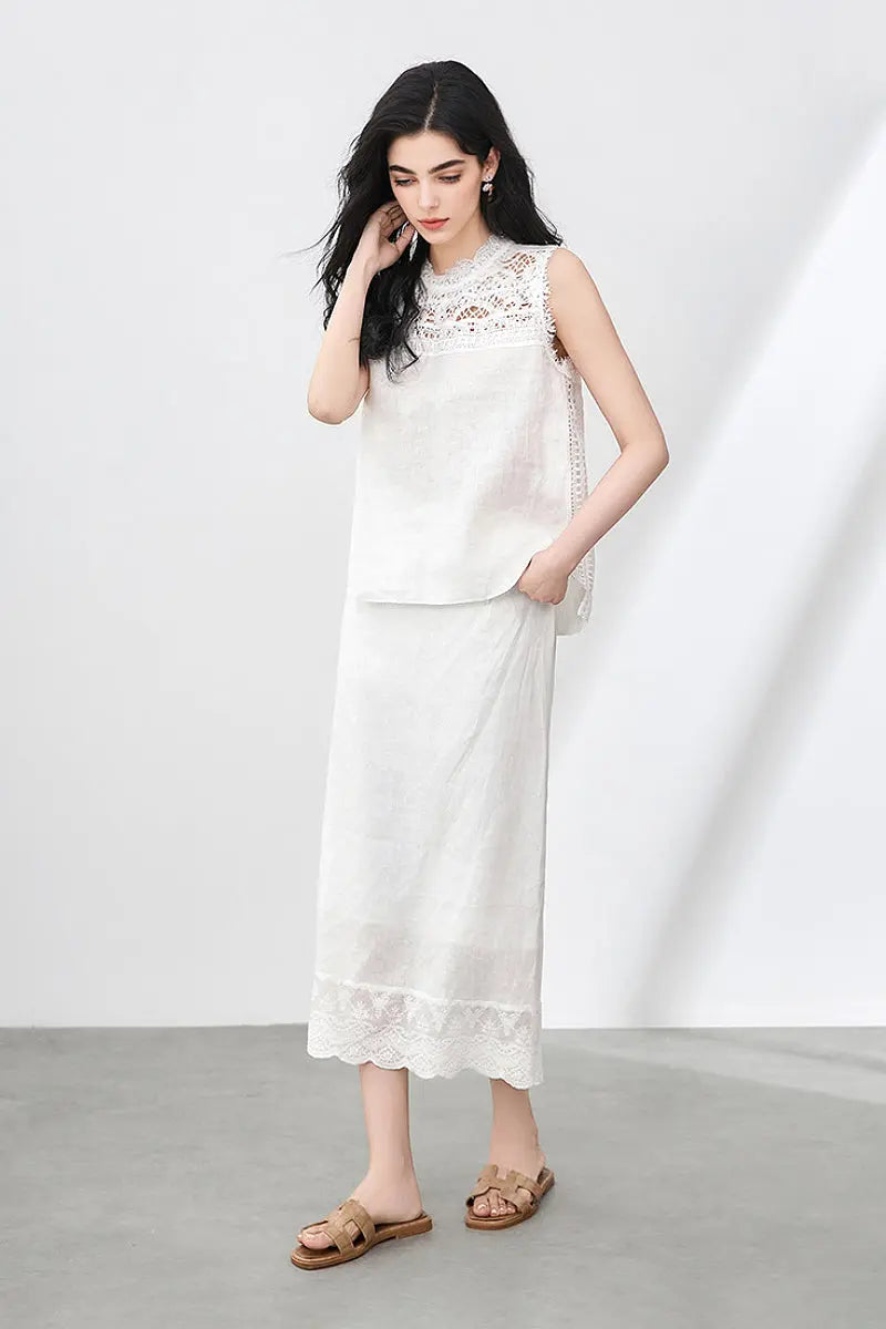 White Linen Crochet Lace Tank Top & Midi Skirt Set