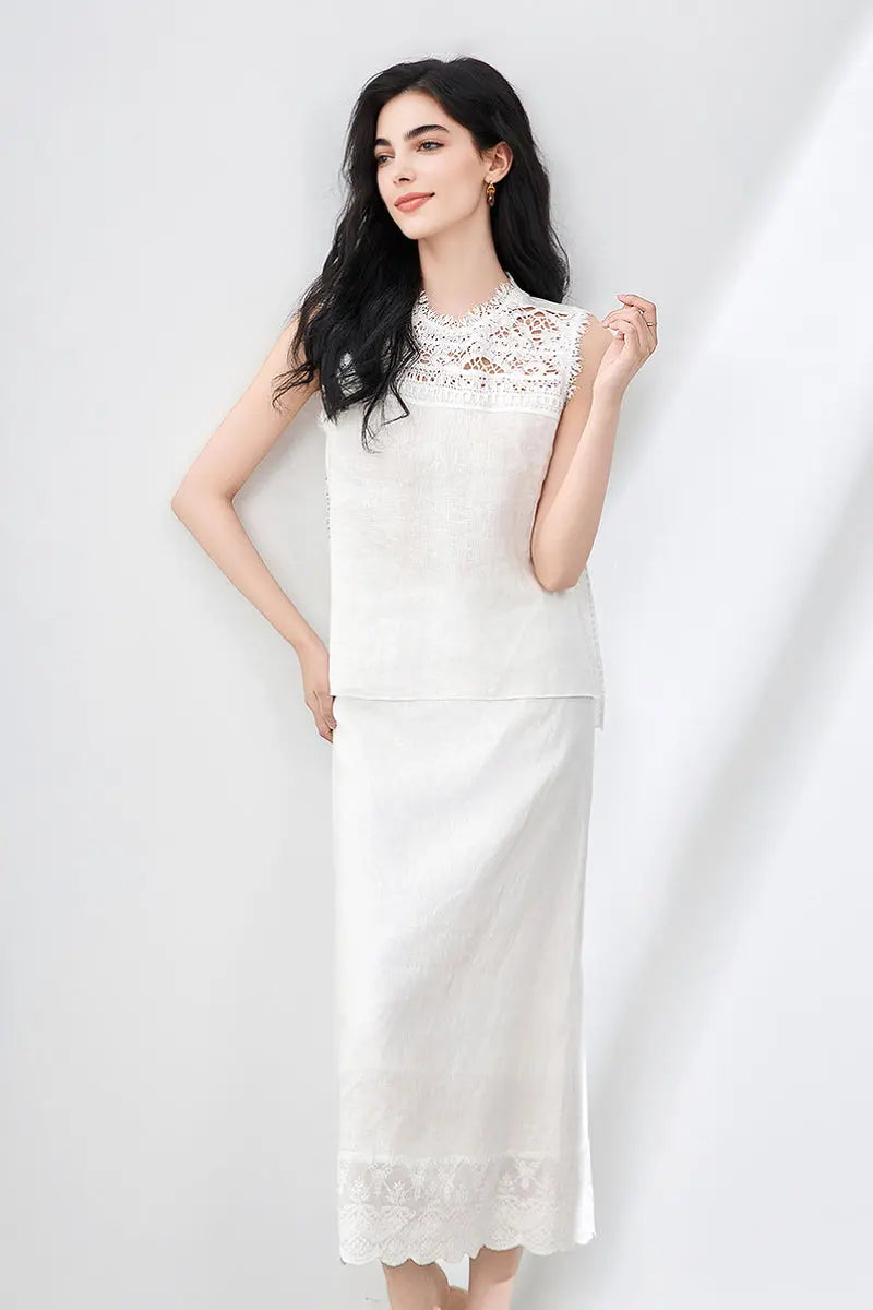 White Linen Crochet Lace Tank Top & Midi Skirt Set
