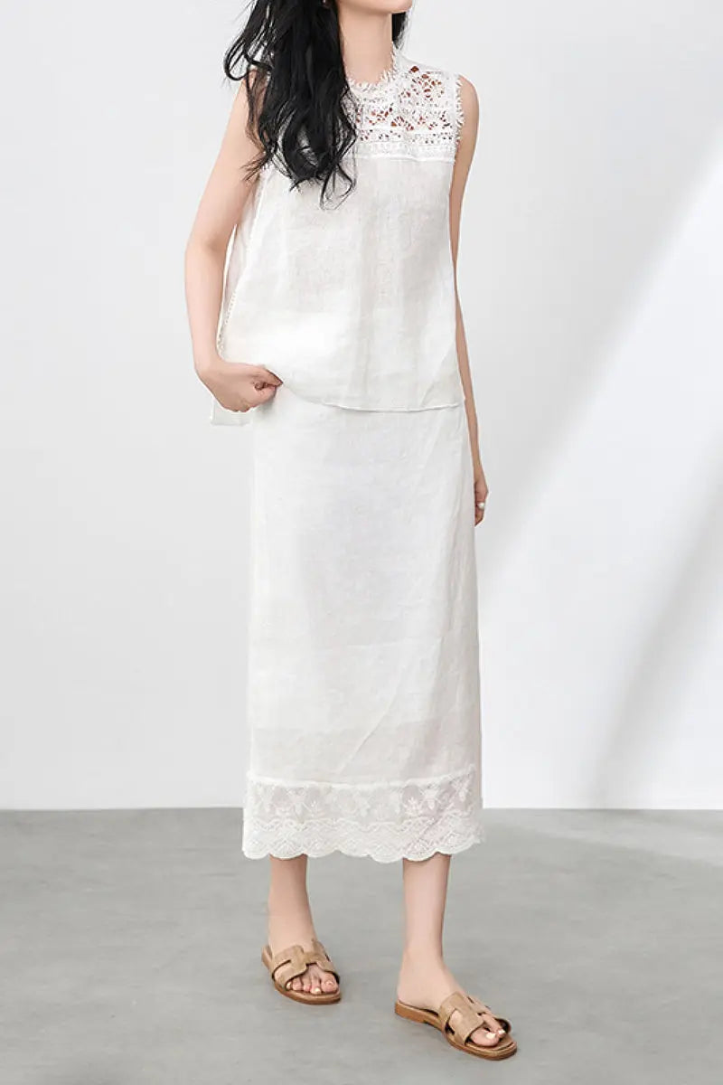 White Linen Crochet Lace Tank Top & Midi Skirt Set