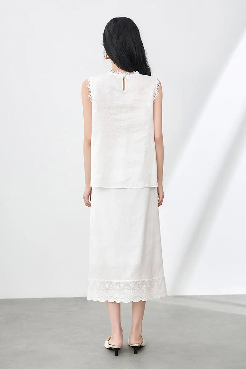 White Linen Crochet Lace Tank Top & Midi Skirt Set