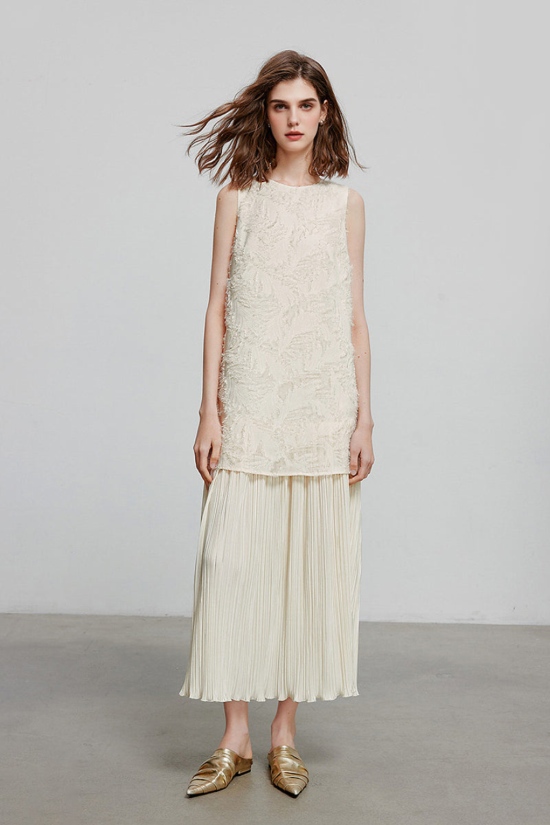 White Pleated Frayed Jacquard Mixed-Media Midi Dress
