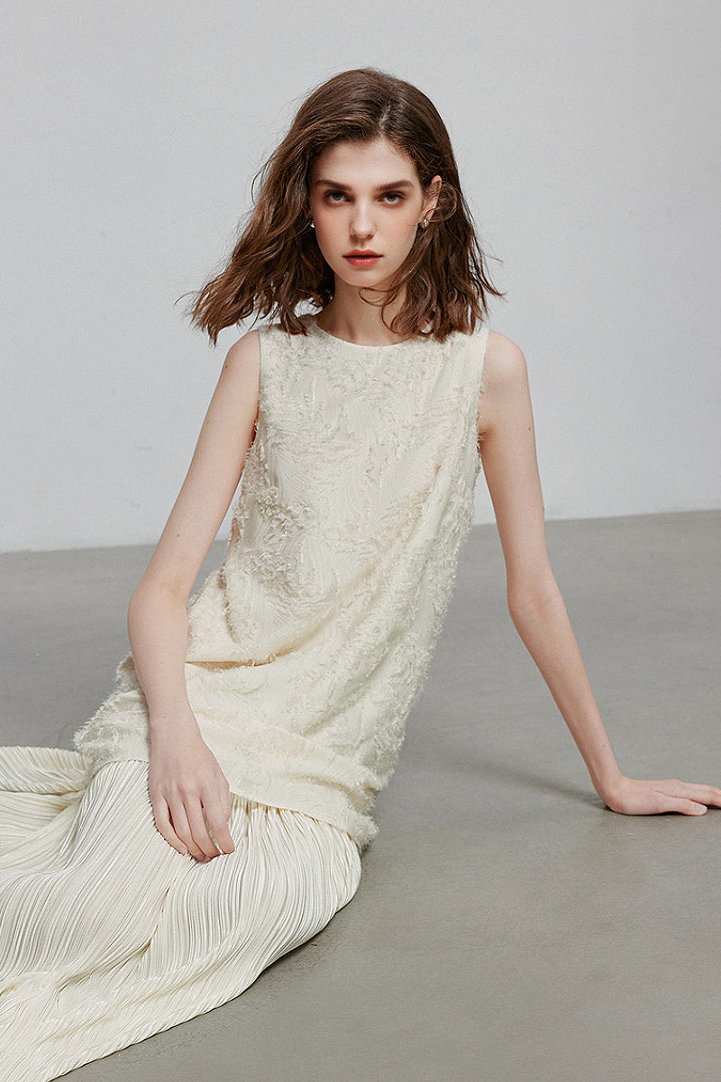 White Pleated Frayed Jacquard Mixed-Media Midi Dress