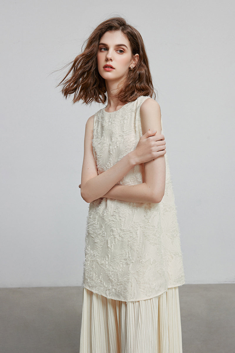 White Pleated Frayed Jacquard Mixed-Media Midi Dress