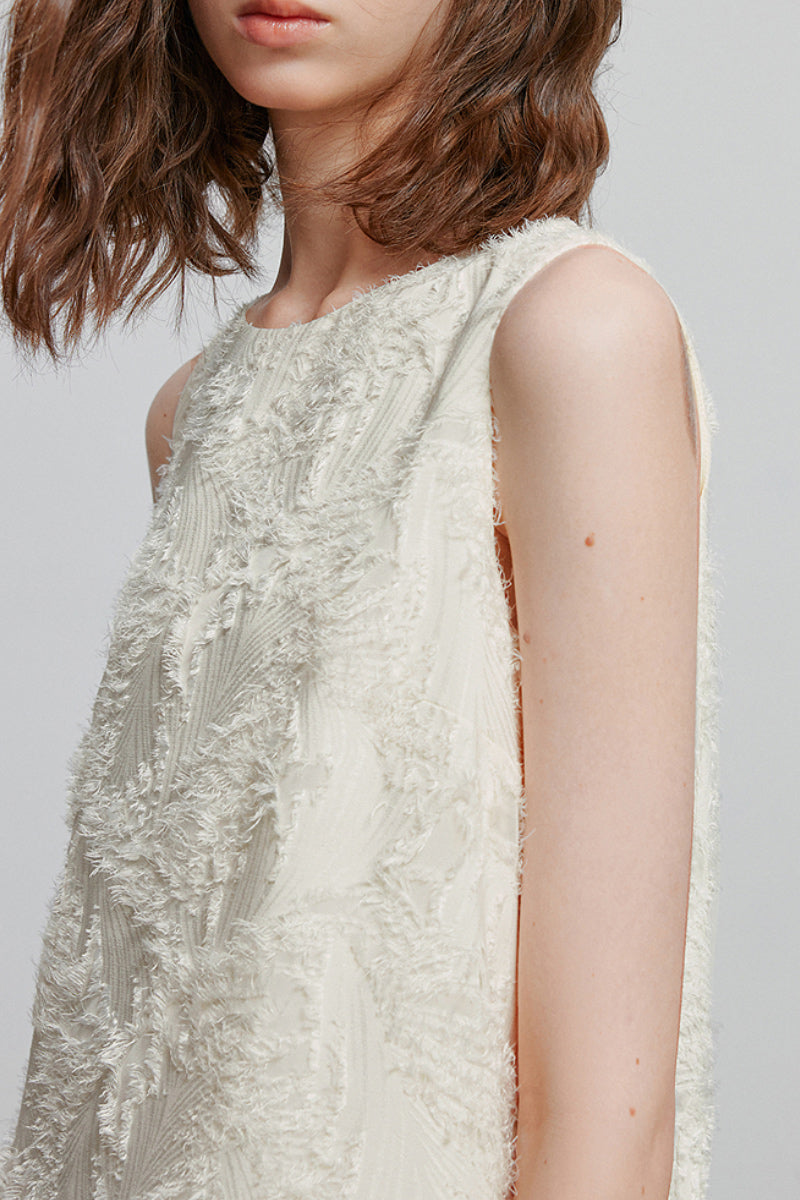 White Pleated Frayed Jacquard Mixed-Media Midi Dress