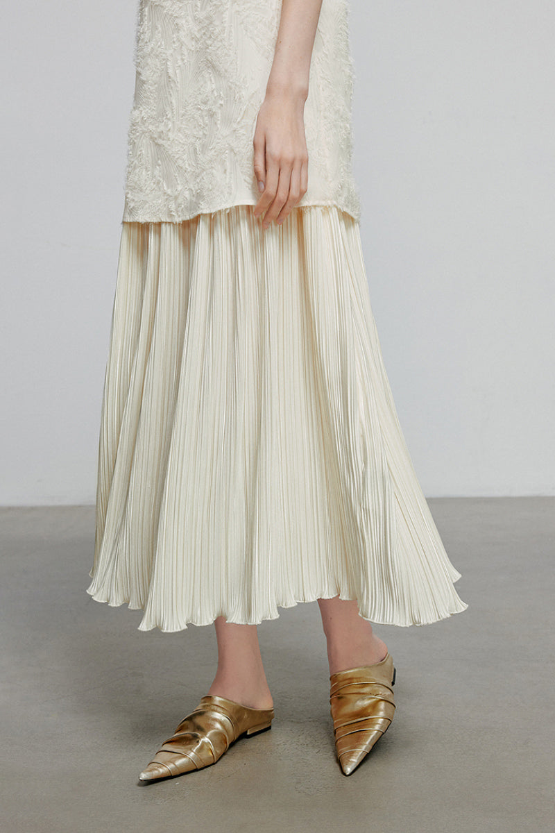 White Pleated Frayed Jacquard Mixed-Media Midi Dress