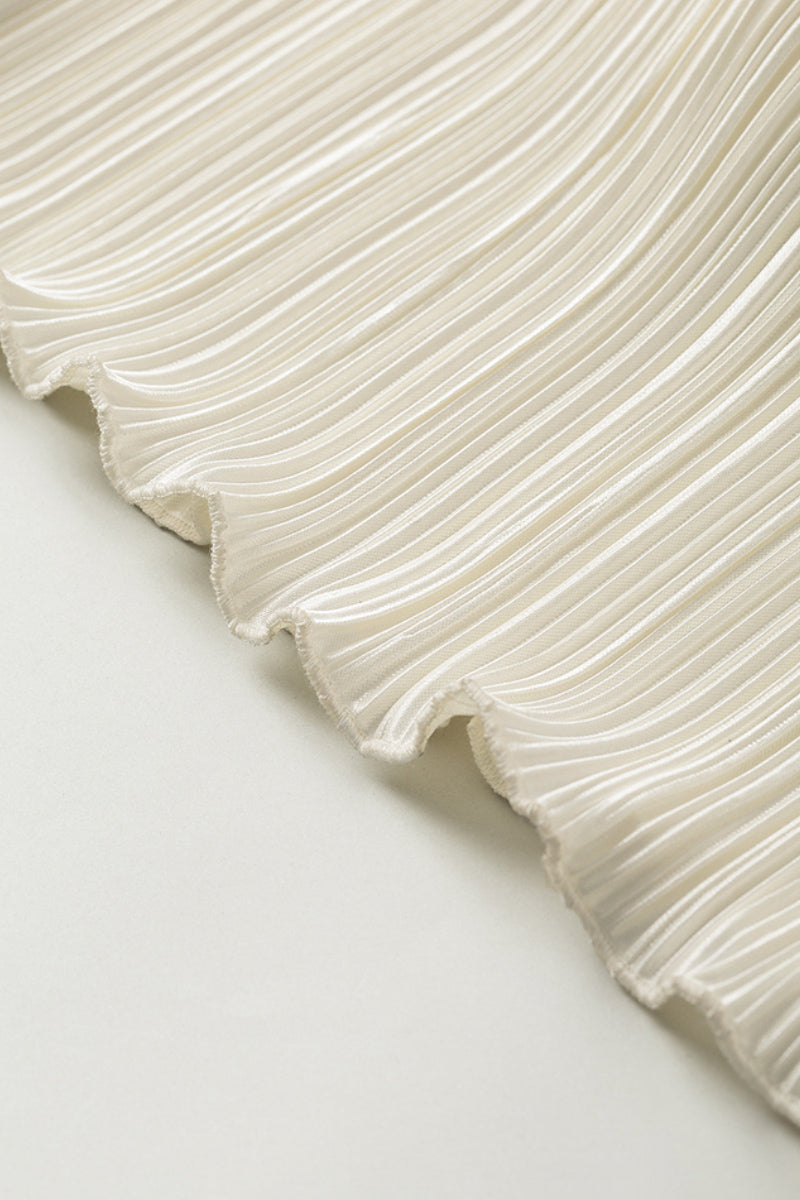 White Pleated Frayed Jacquard Mixed-Media Midi Dress