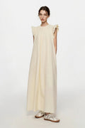 White Ruffle Cap-Sleeve Trapeze Maxi Dress