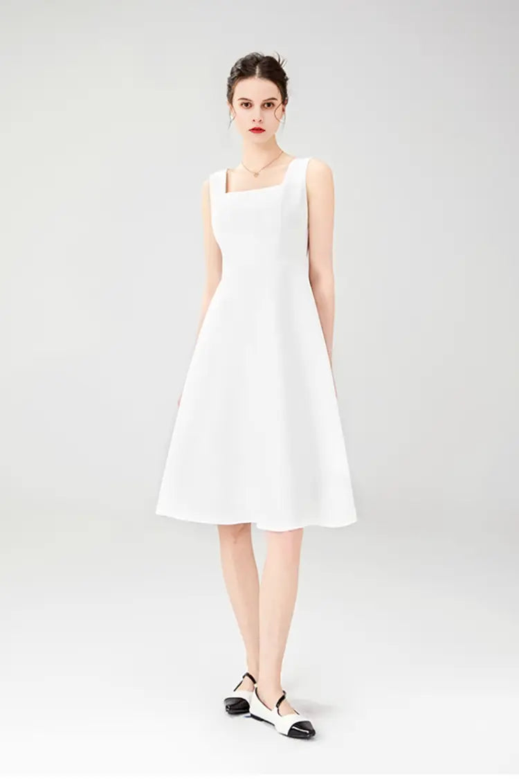 White Square Neck Dress with Wide Strap
