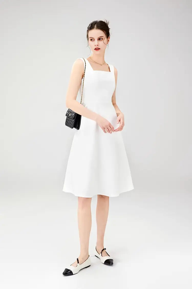 White Square Neck Dress with Wide Strap