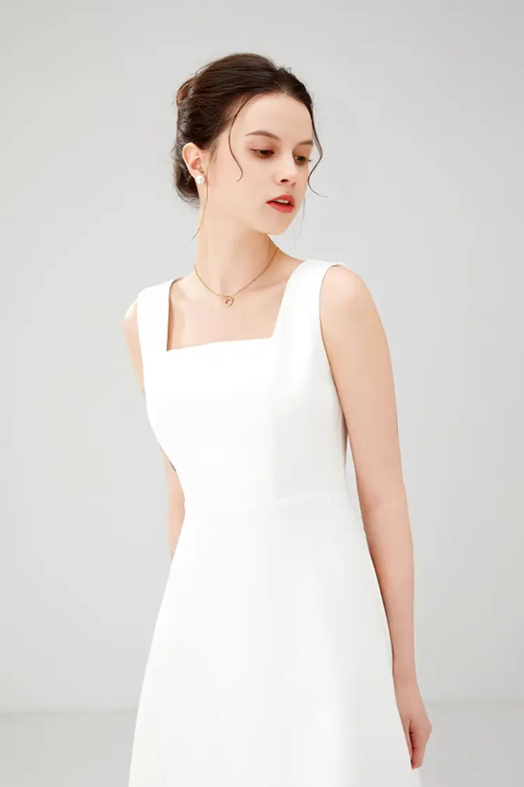 White Square Neck Dress with Wide Strap