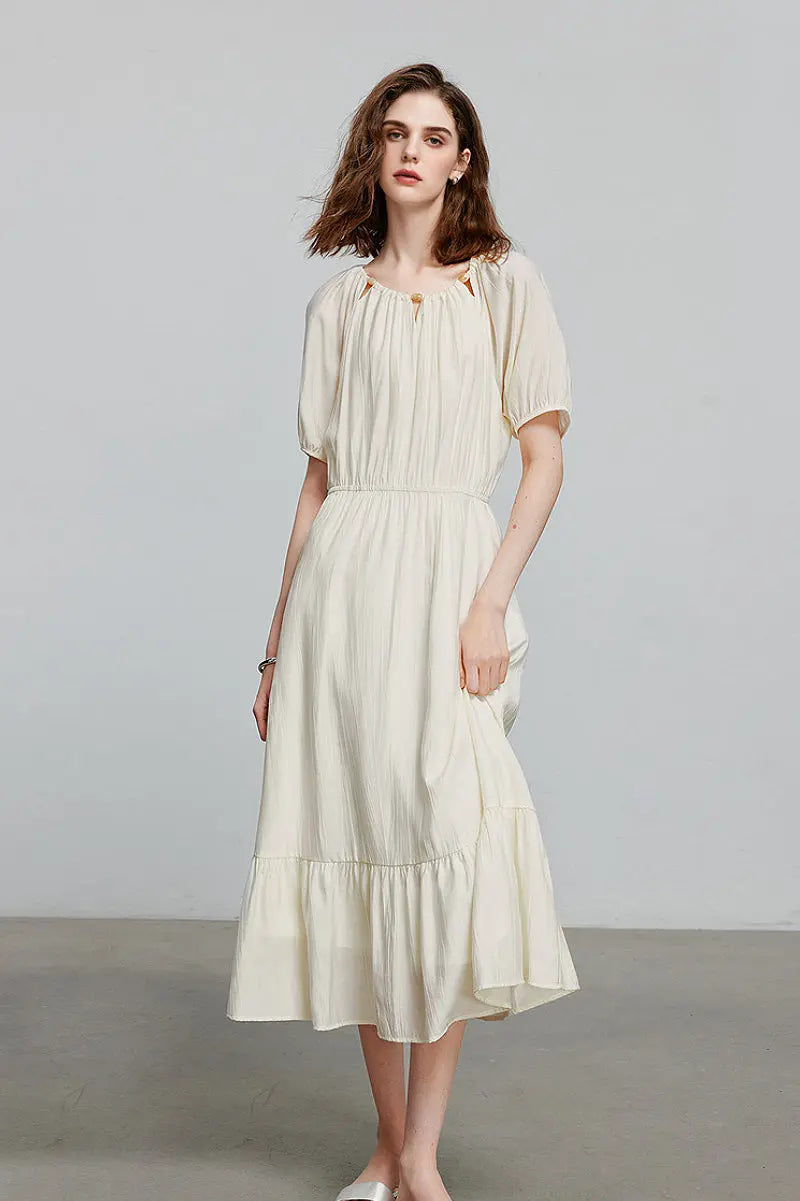 White Textured Vacation Midi Dress with Beaded Neckline
