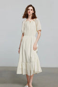 White Textured Vacation Midi Dress with Beaded Neckline
