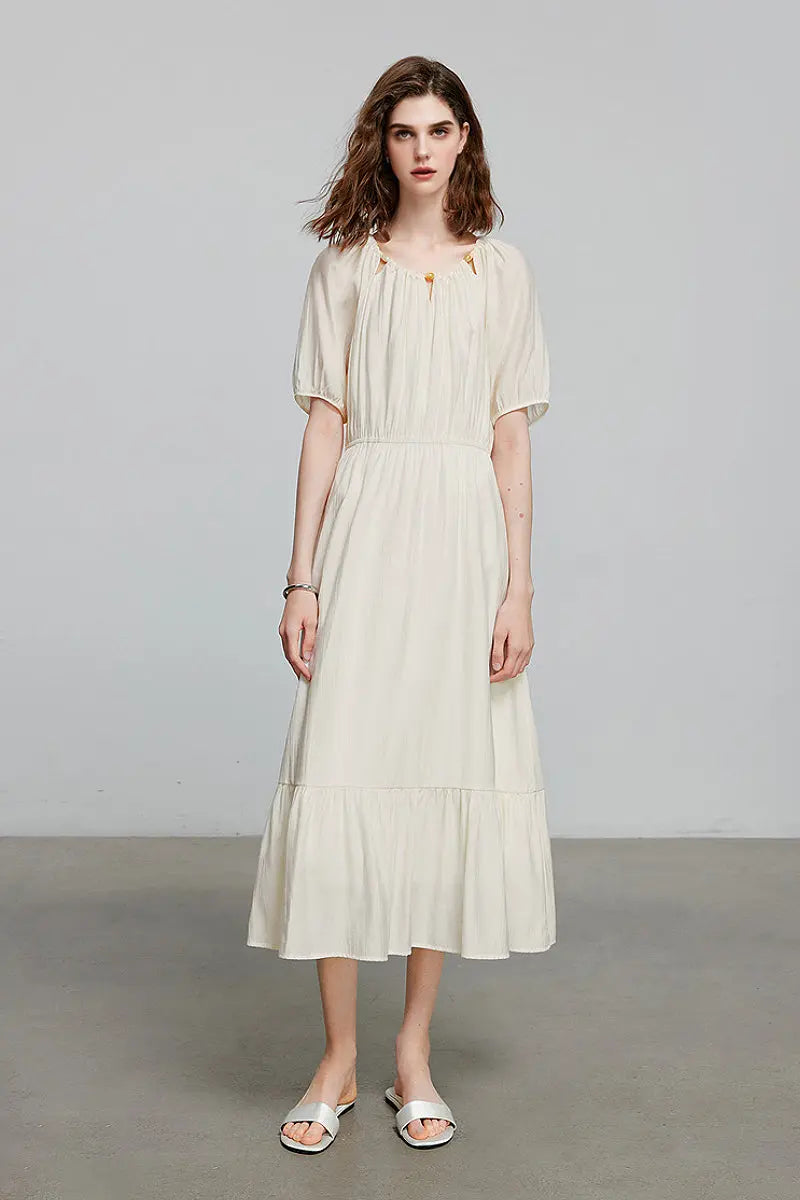 White Textured Vacation Midi Dress with Beaded Neckline