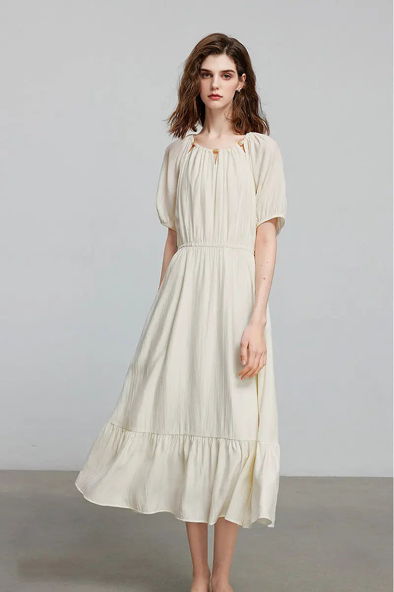 White Textured Vacation Midi Dress with Beaded Neckline