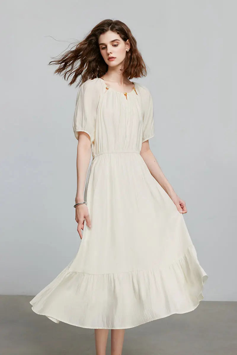 White Textured Vacation Midi Dress with Beaded Neckline