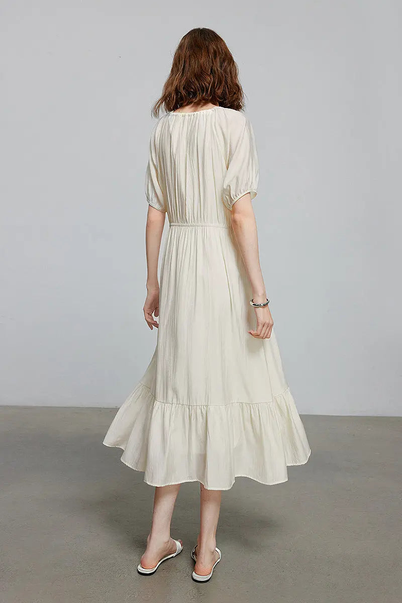 White Textured Vacation Midi Dress with Beaded Neckline