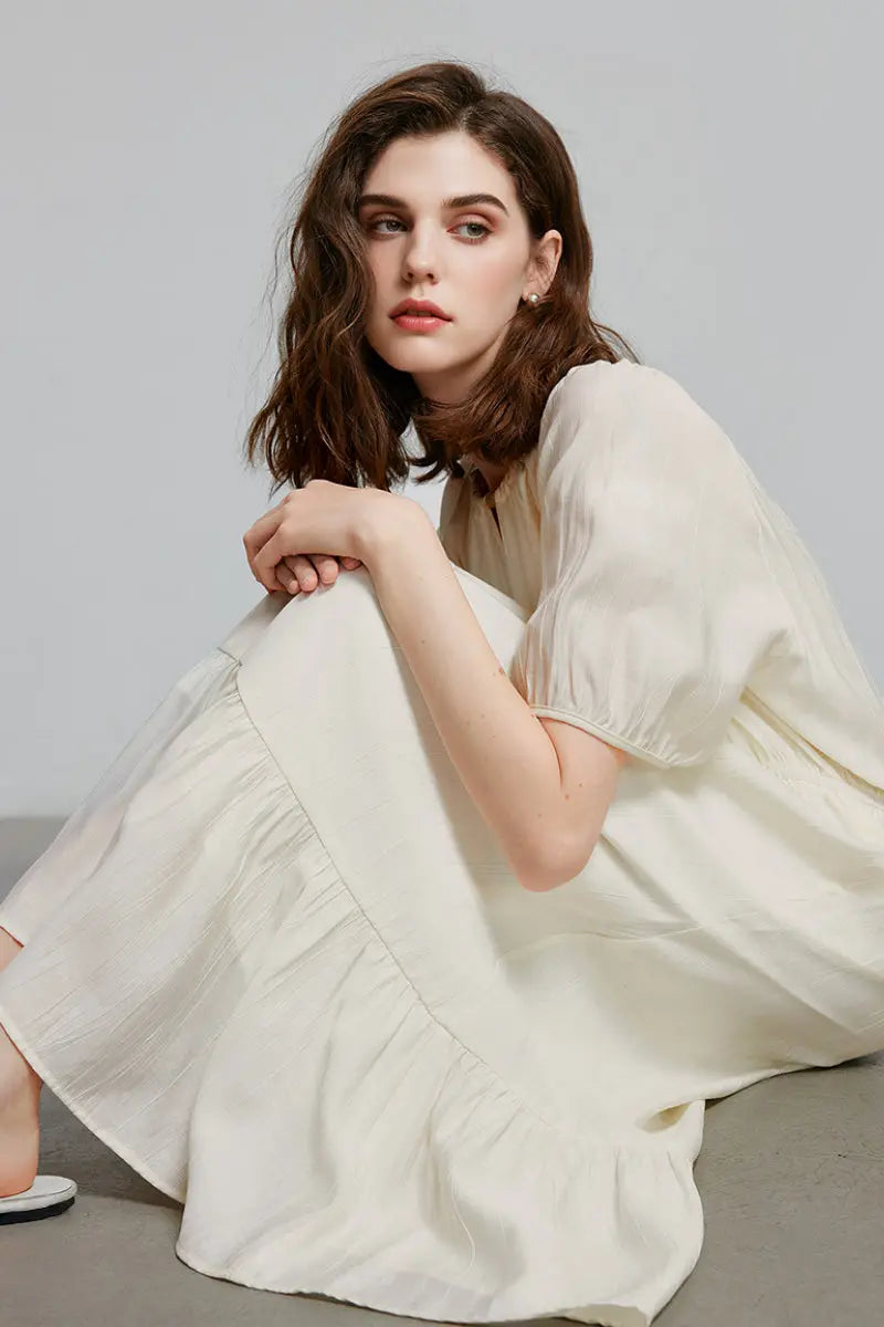 White Textured Vacation Midi Dress with Beaded Neckline