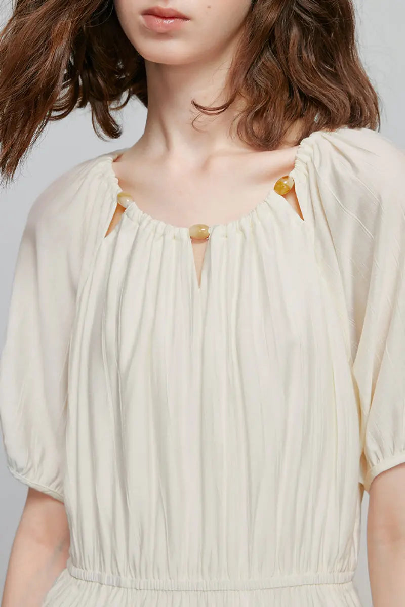White Textured Vacation Midi Dress with Beaded Neckline